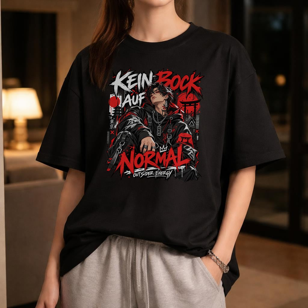 Camiseta Oversized "Kein Bock auf Normal" para mujer, camiseta de streetwear estilo anime, negra, camiseta unisex con gráfico "Outsider Energy"