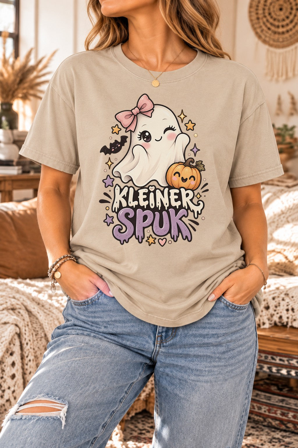 Kleiner Spuk Halloween T-Shirt Damen Cute Ghost Shirt Kawaii Kürbis Herbst Oversized Boho Gruselshirt Geschenk