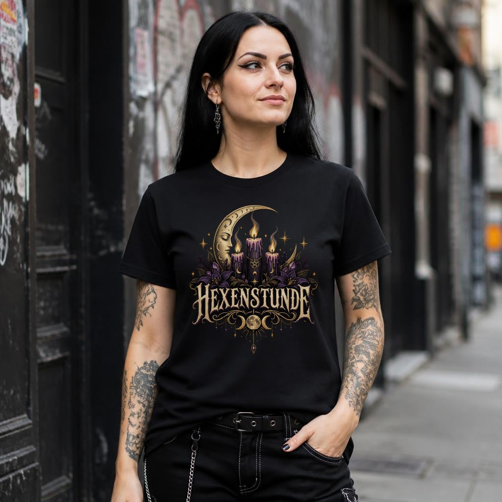Hexenstunde Gothic T-Shirt Damen mit Mond, Kerzen & Witchy Print