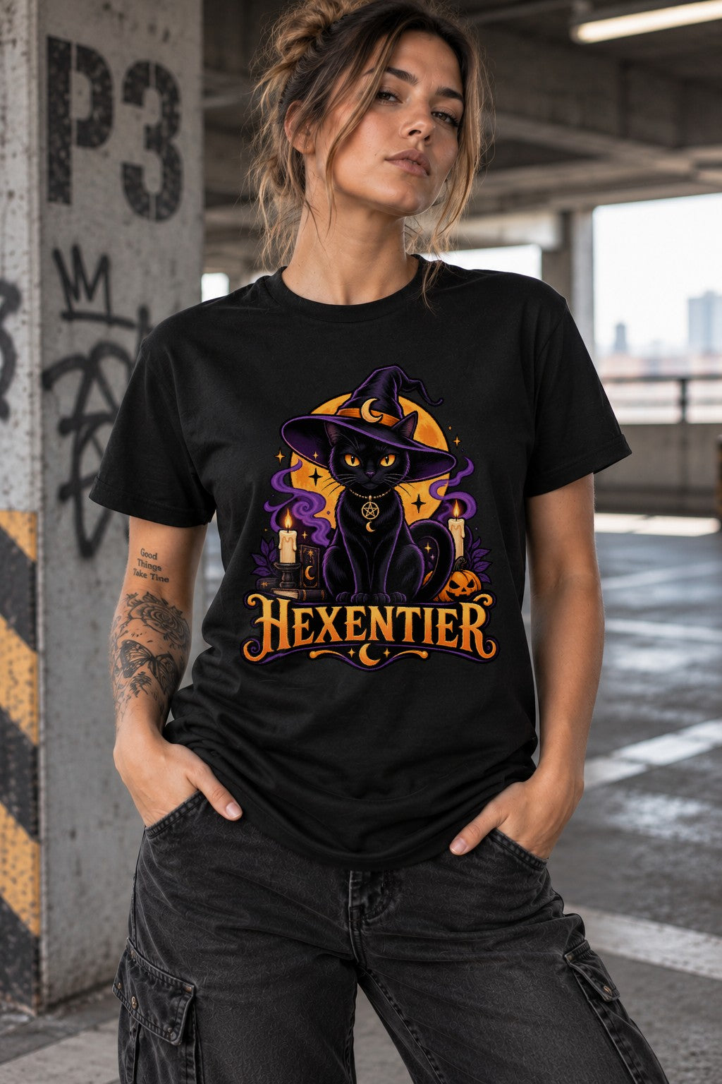 Hexentier Katzen T-Shirt Damen Oversized Halloween Katze Hexe Gothic Retro Shirt Schwarz
