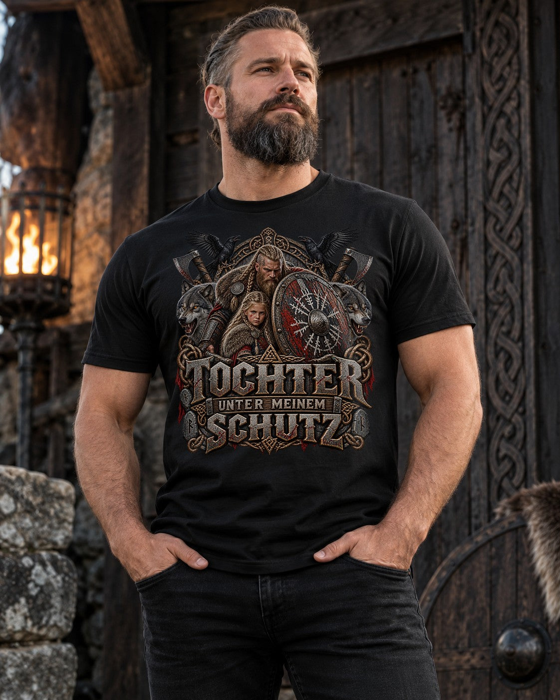 Tochter unter meinem Schutz T-Shirt Wikinger Vater Shirt mit Wolf Rabe Schild, Geschenk für Papa mit Tochter