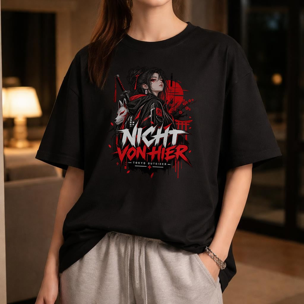 Nicht von Hier T-Shirt Damen Oversized, Anime Samurai Tokyo Outsider Shirt, Gothic Streetwear Geschenk