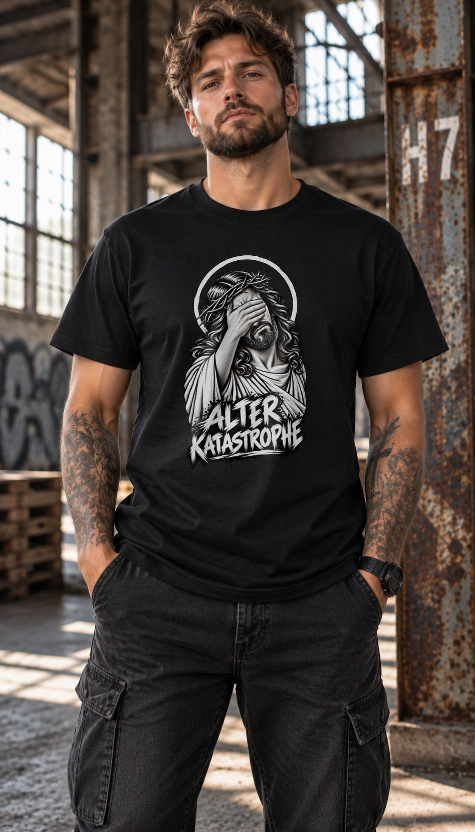 Alter Katastrophe T-Shirt lustig, Jesus Facepalm Shirt, schwarzes Funshirt Herren Damen, sarkastisches Geschenk