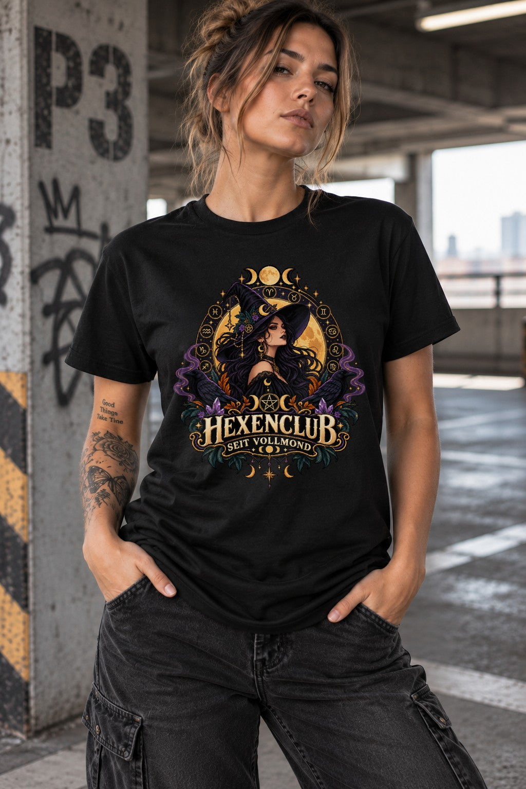 Hexenclub seit Vollmond T-Shirt Damen Oversized, Witchy Gothic Mondphasen Shirt, Halloween Hexe Geschenk