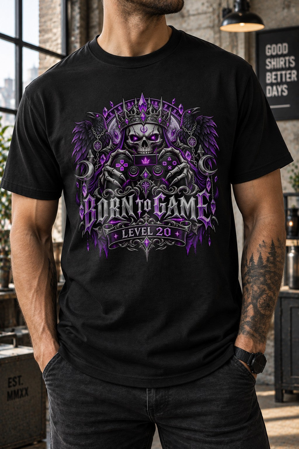 Personalisiert Born to Game T-Shirt mit Alter, Gamer Geburtstag Shirt, Gothic Gaming Geschenk, Level individuell