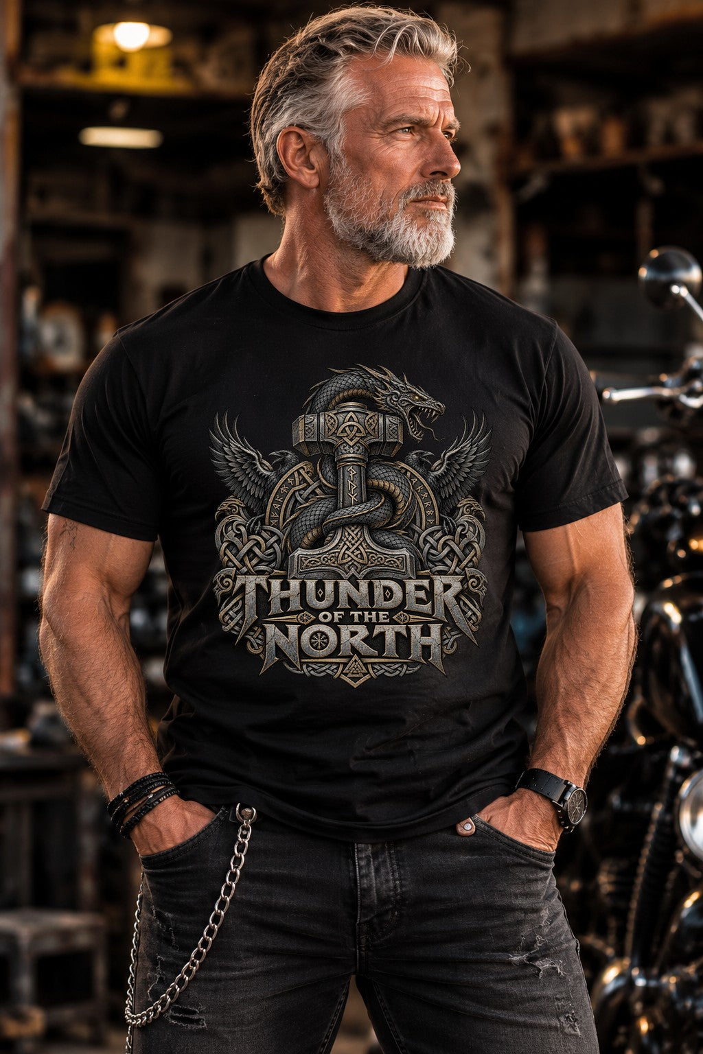 Thunder of the North T-Shirt Herren Wikinger Norse Mythologie Thor Hammer Drachen Raben Nordic Fantasy Shirt