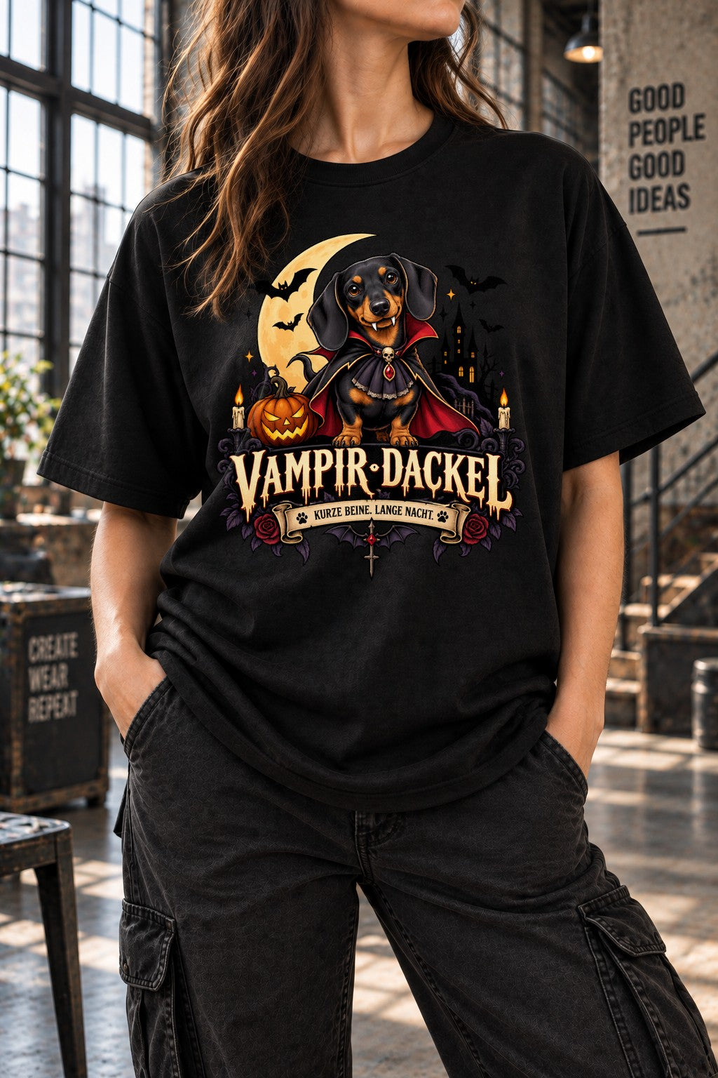 Vampir Dackel T-Shirt Damen Halloween Hundeshirt Gothic Retro Spruch Kurze Beine Lange Nacht Geschenk