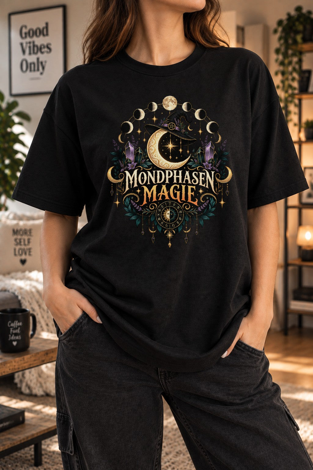 Mondphasen Magie T-Shirt Damen Oversized Mystisch Hexe Mondphasen Shirt Boho Gothic Kristalle Celestial Tee