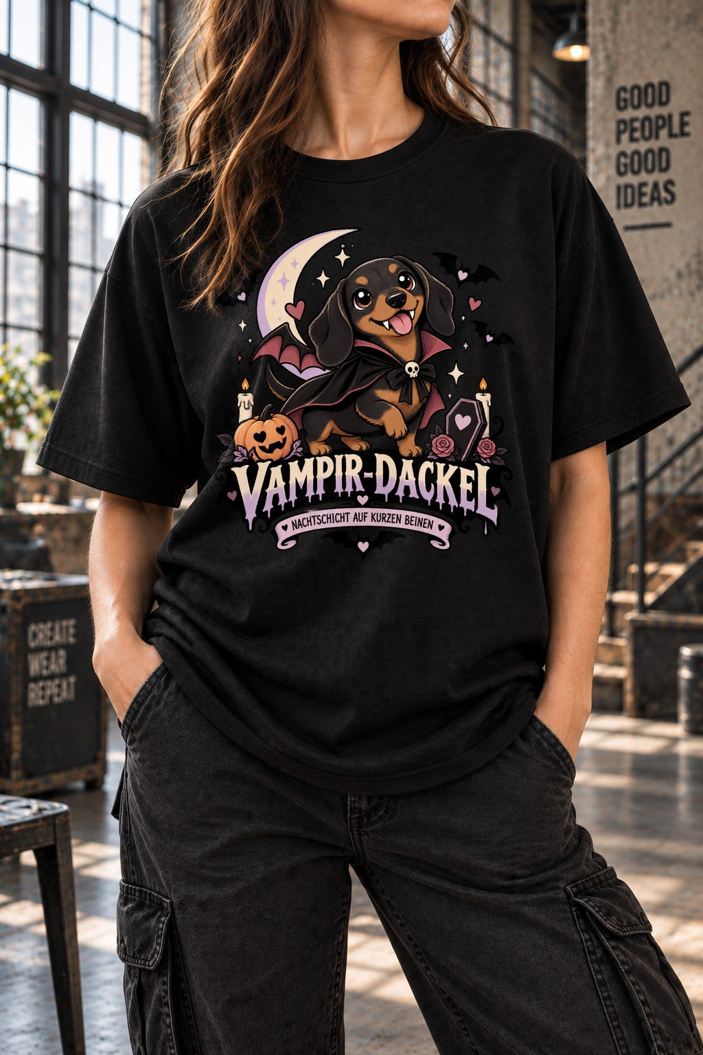 Vampir Dackel T-Shirt Damen Halloween Hundeshirt lustig Gothic Dackel Shirt Geschenk für Dackel Fans spooky niedlich