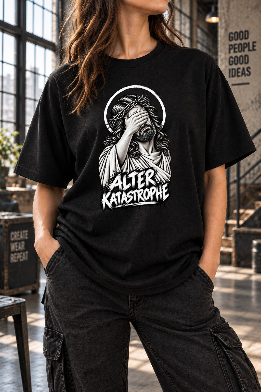 Alter Katastrophe T-Shirt Damen Oversized Lustig Jesus Facepalm Shirt Schwarz Sarkasmus Spruchshirt Unisex Geschenk