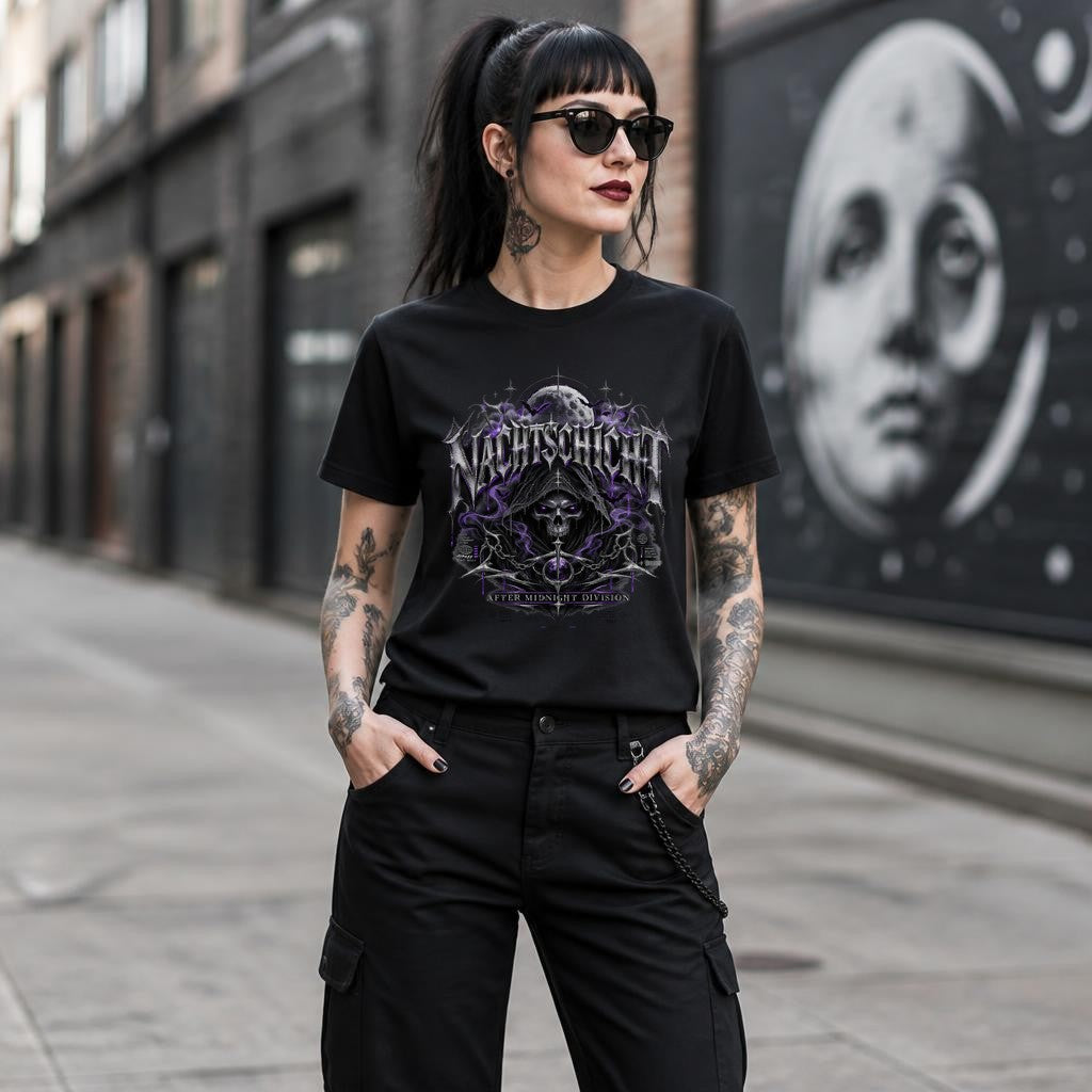 NACHTSCHREI Gothic T-Shirt Damen – Dark Metal Skull Moon Tee