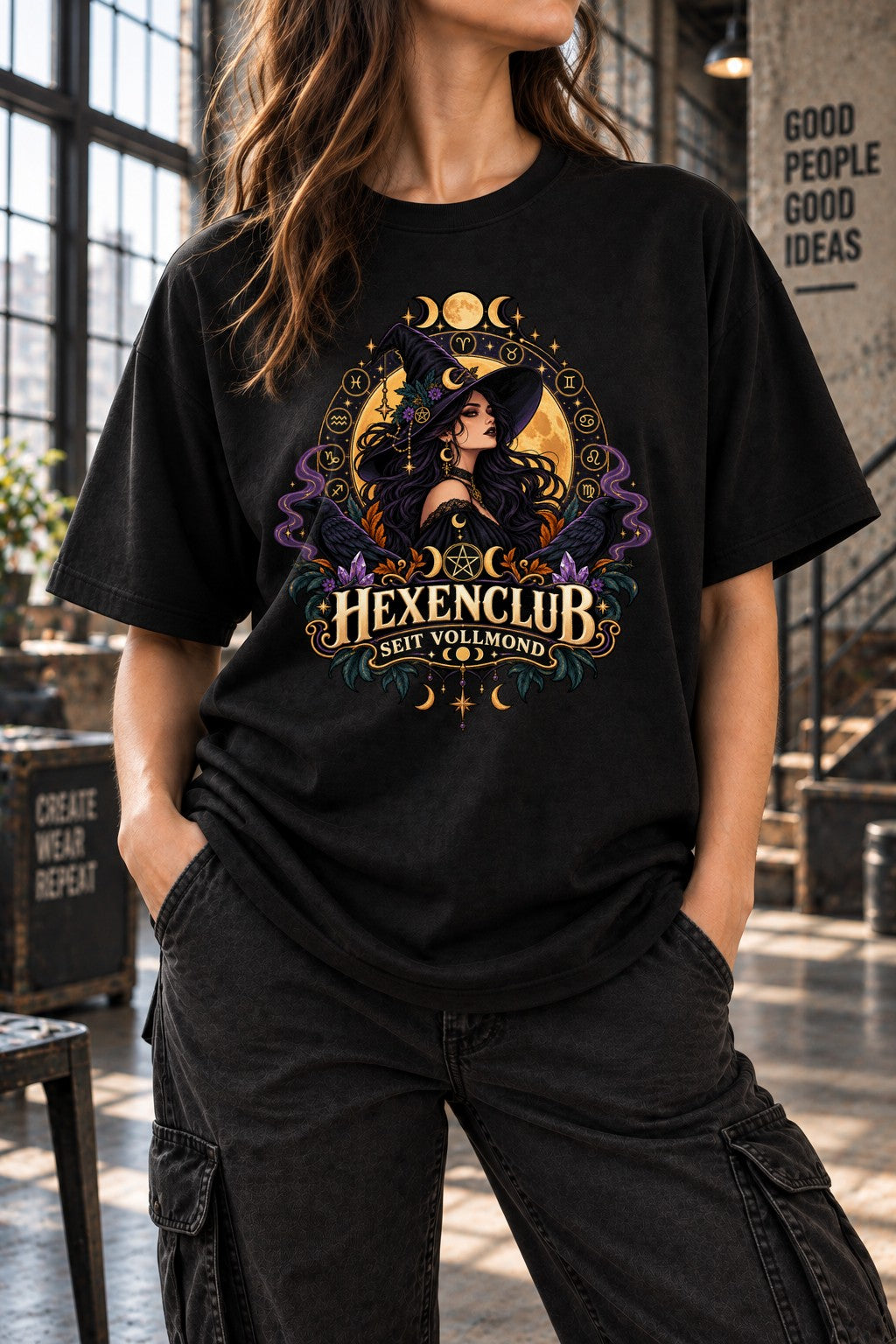 Camiseta oversize para mujer Club de Brujas desde luna llena, Camiseta gótica de brujería con fases lunares, Regalo de bruja para Halloween