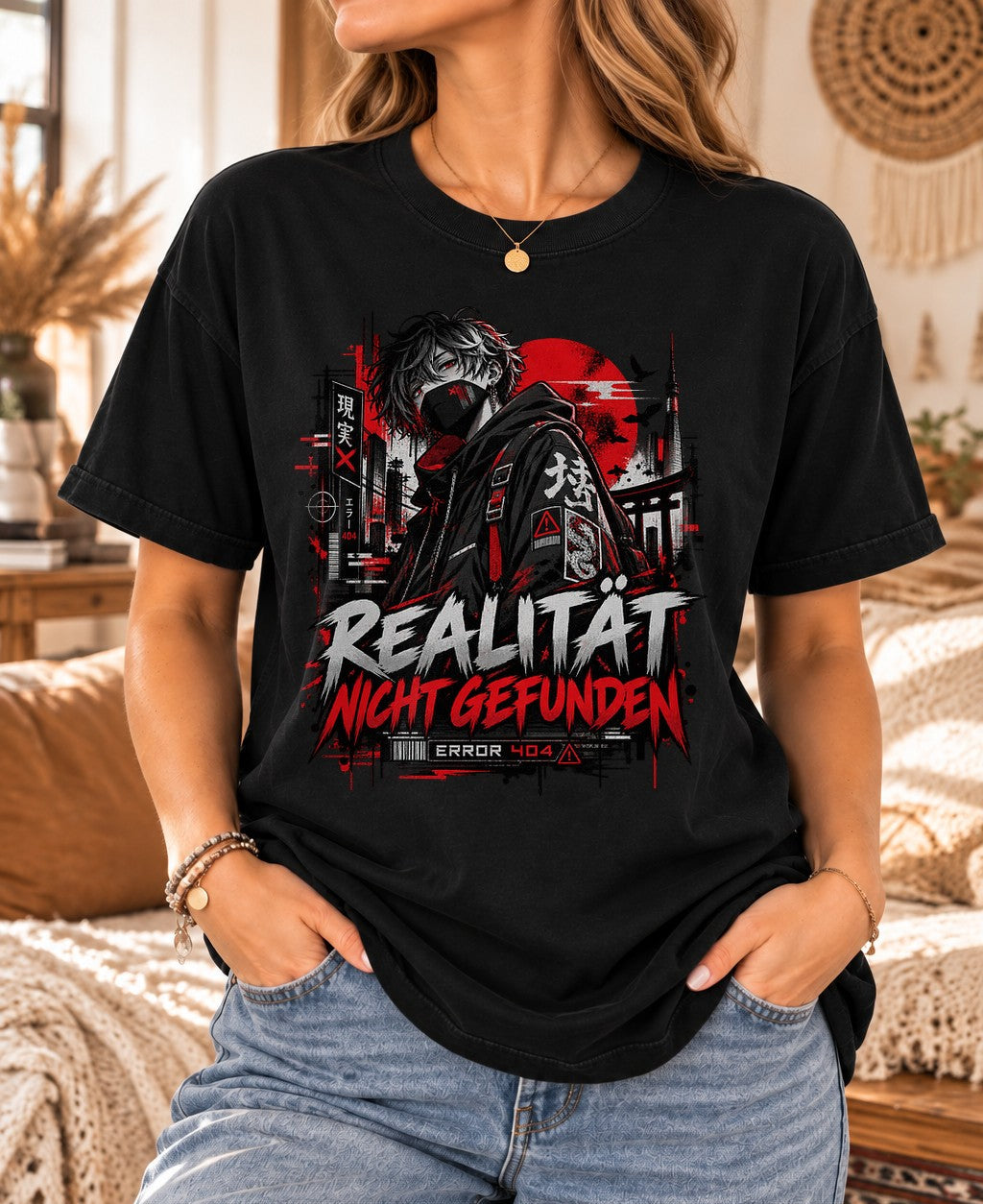 Camiseta de Anime Streetwear Realidad No Encontrada para Mujer y Hombre, Camiseta Oversized Cyberpunk Error 404 Negro