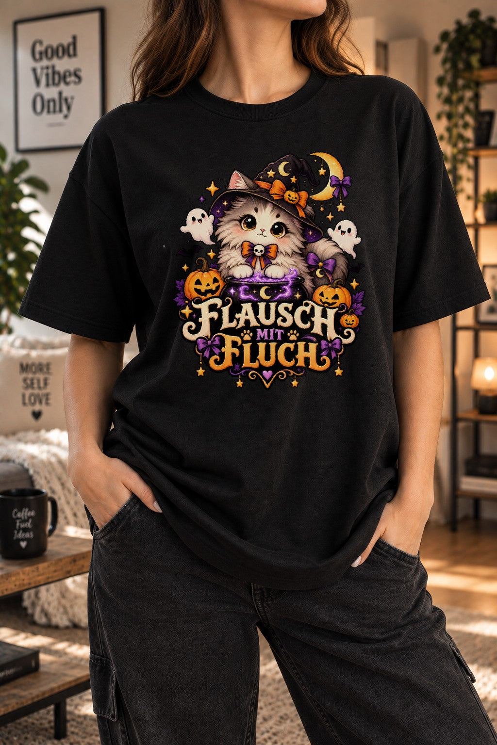 Flausch mit Fluch Halloween Katzen T-Shirt Damen Oversized Hexenkatze Cute Spooky Herbst Shirt Geschenk