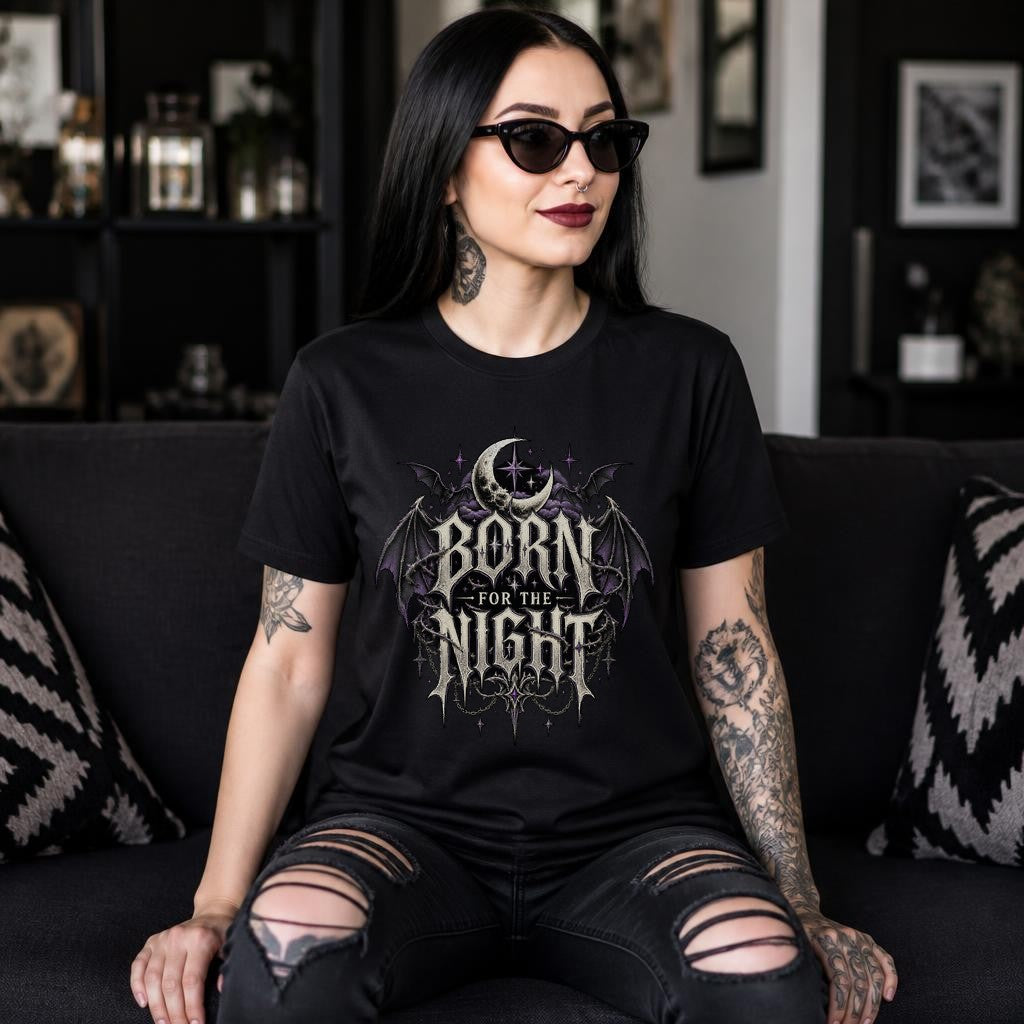 Born for the Night T-Shirt Damen Gothic Retro Moon Bat Alternative Style
