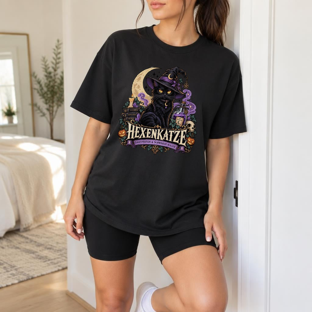 Hexenkatze T-Shirt Damen Halloween Katze Magie Gothic Shirt Schwarze Katze Witchy Geschenk Hexe Herbst Oberteil