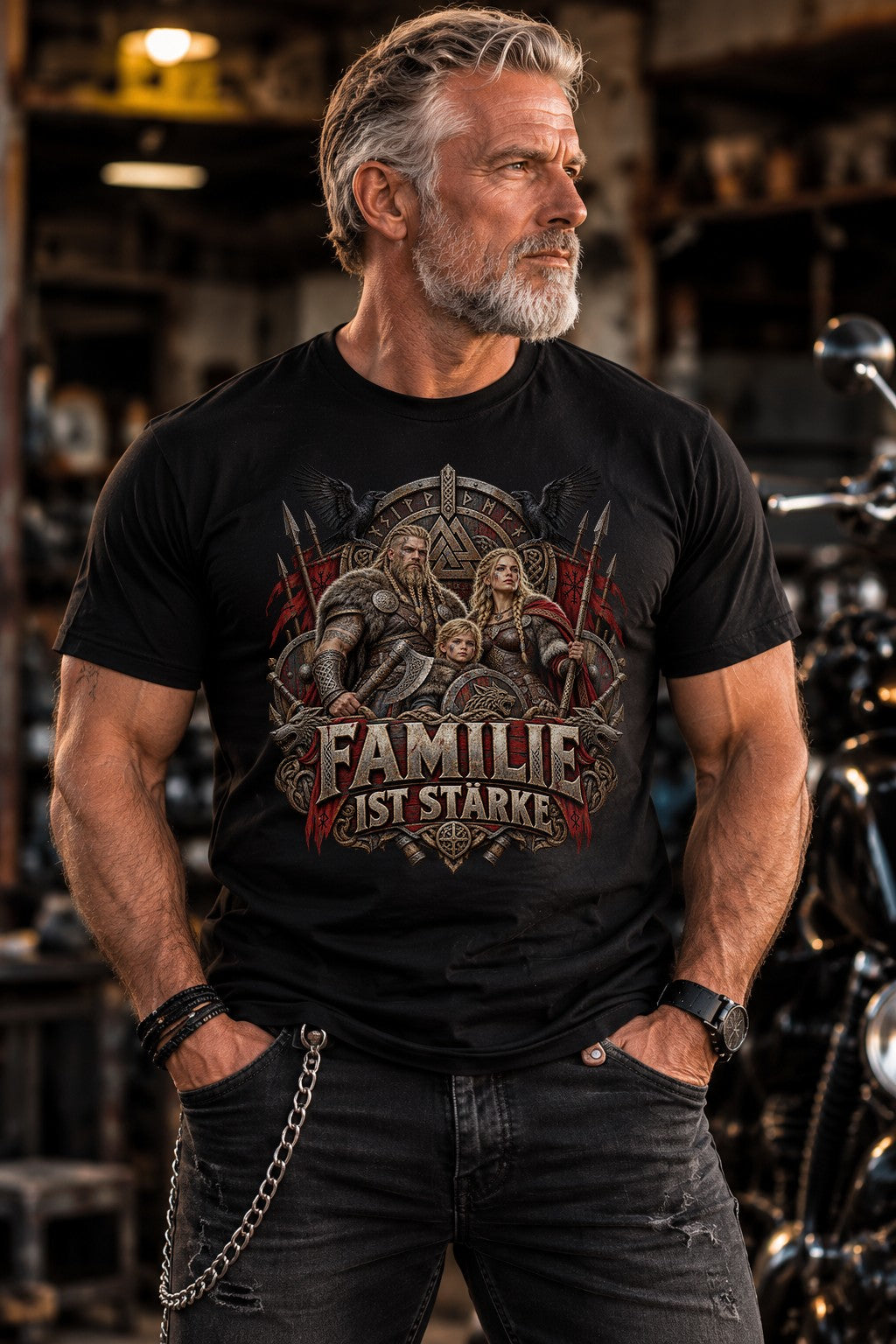 Familie ist Stärke Wikinger T-Shirt Herren, Nordisch Viking Shirt mit Runen, Krieger Familie Geschenk, Fantasy Print Tee