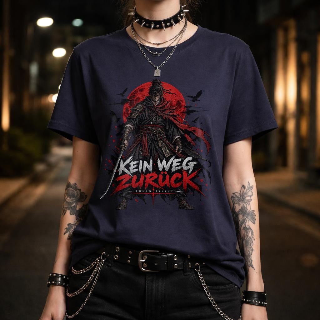Kein Weg Zurück Ronin Spirit T-Shirt Damen Oversized Samurai Shirt Anime Look Vintage Washed Schwarz Unisex