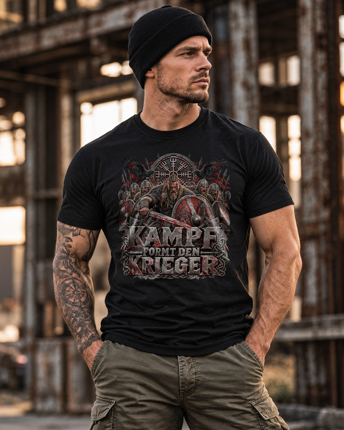 Kampf formt den Krieger T-Shirt Herren Wikinger Shirt Viking Warrior Nordisch Geschenk für Männer Schwarz
