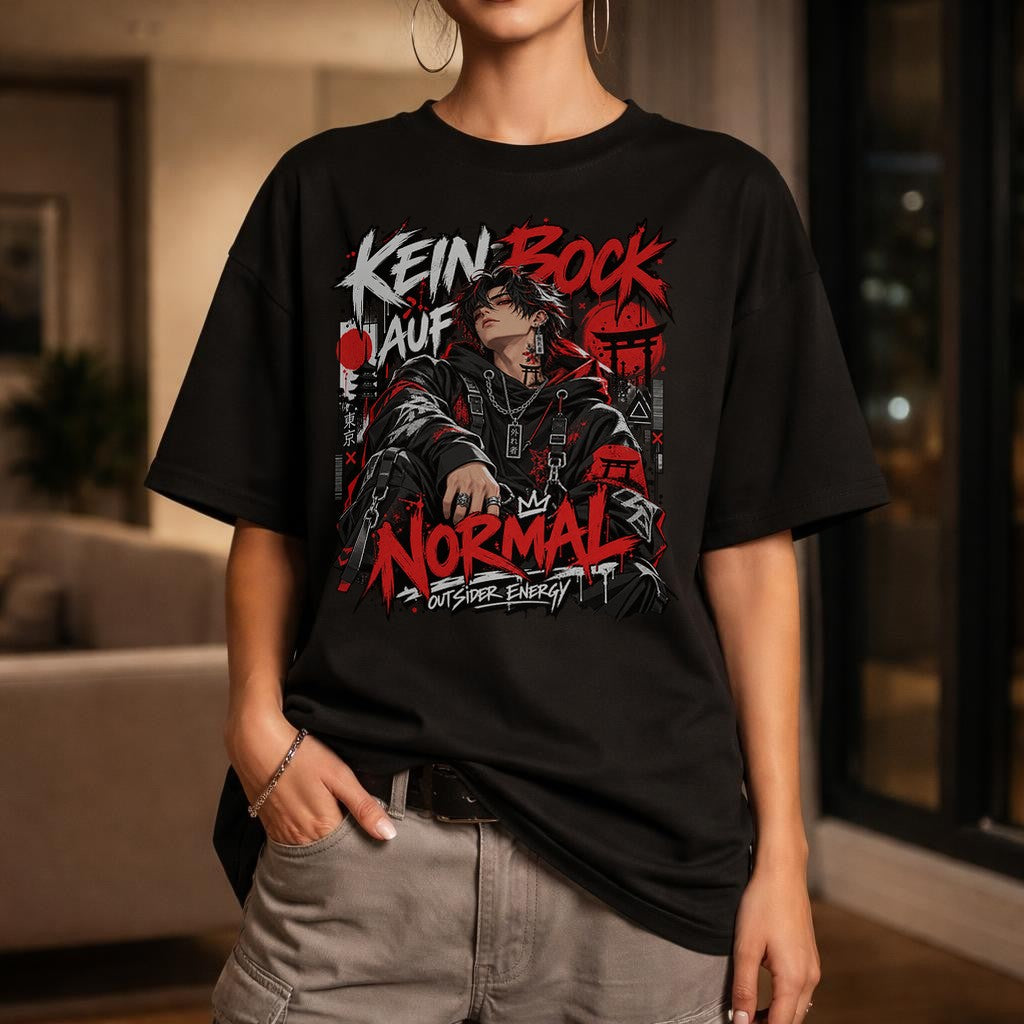 Kein Bock auf Normal T-Shirt Damen Oversized, Anime Streetwear Shirt Schwarz, Outsider Energy Grafik Tee Unisex