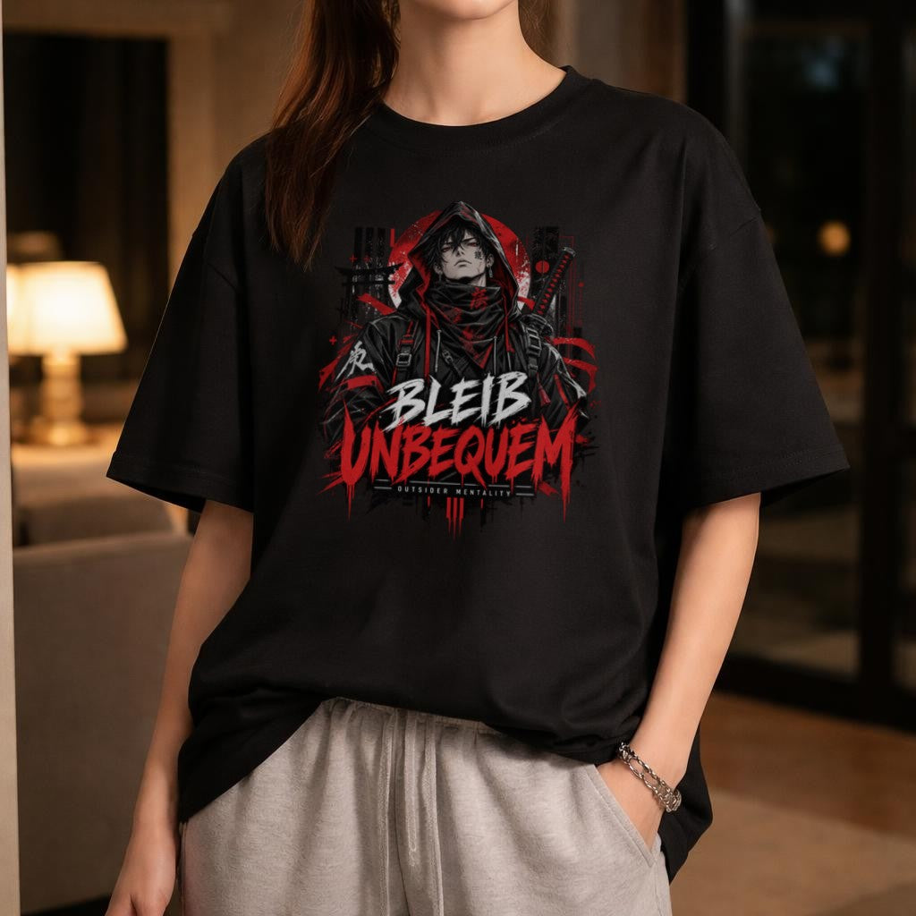 Bleib Unbequem T-Shirt Damen Oversized, Anime Streetwear Shirt, Washed Schwarz Graphic Tee, Outsider Mentality