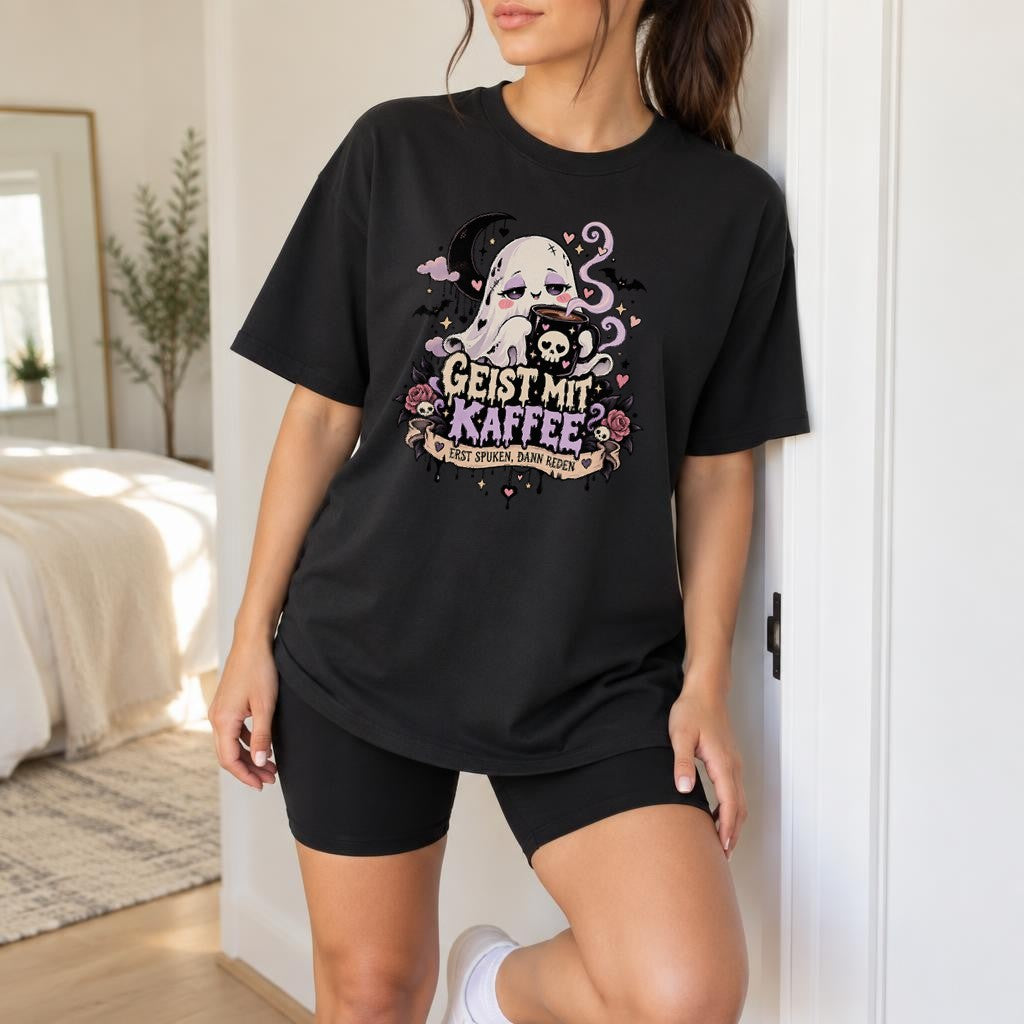 Geist mit Kaffee T-Shirt Damen Oversized Lustig Gothic Kawaii Kaffee Spruchshirt Schwarz Halloween Ghost Tee