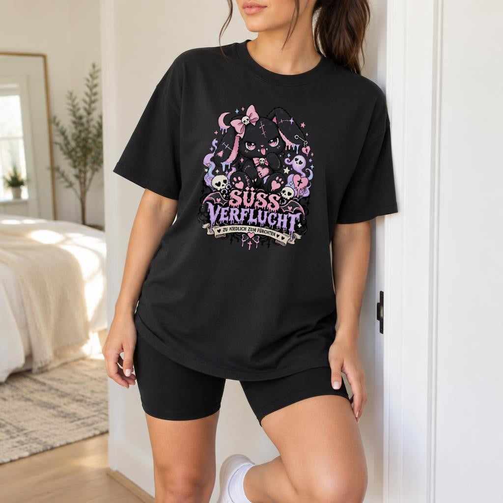 Süss Verflucht T-Shirt Damen Oversized Gothic Kawaii Hase Schwarz Cute Spooky Grunge Shirt Halloween Emo
