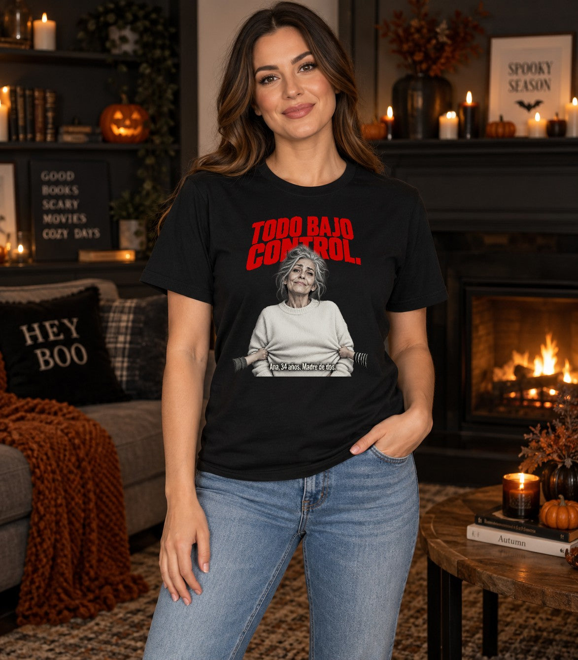 Camiseta para mujer Todo Bajo Control, divertida, Ana 34 años madre de dos, regalo de humor para mamá, camiseta negra con gráfico
