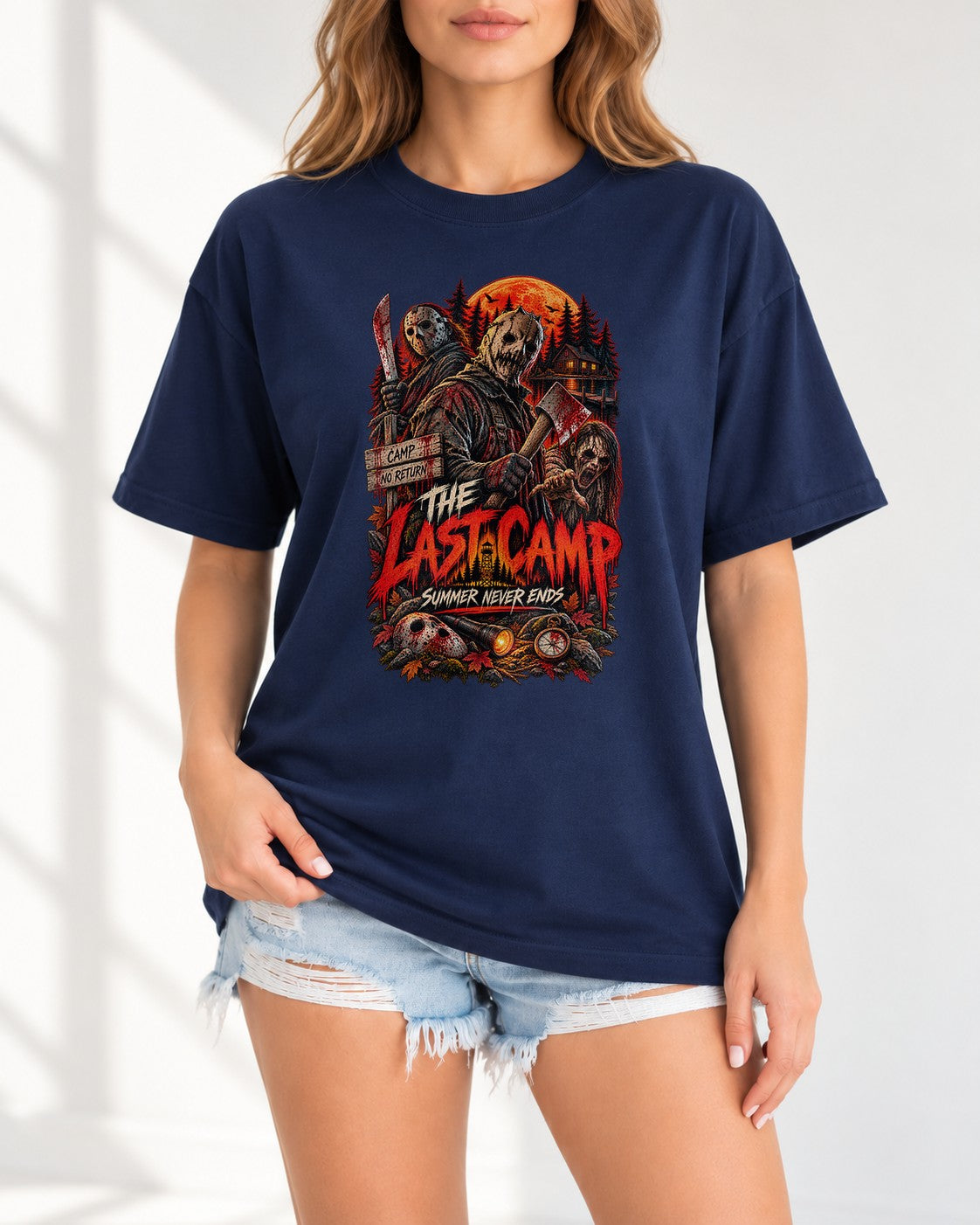 Horror Camp T-Shirt Damen Oversized, The Last Camp Summer Never Ends, Slasher Retro Halloween Shirt Unisex