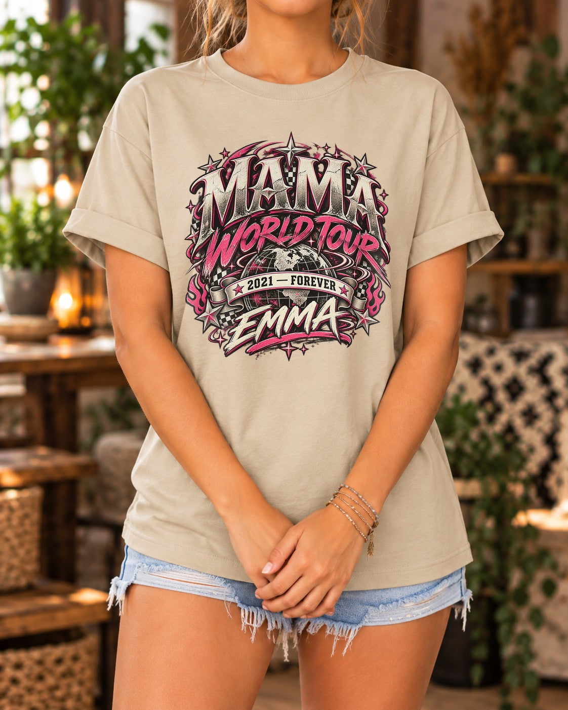 Camiseta personalizada "Mama World Tour" con nombre y año a elegir, camiseta vintage de rock para mujer, regalo para mamá