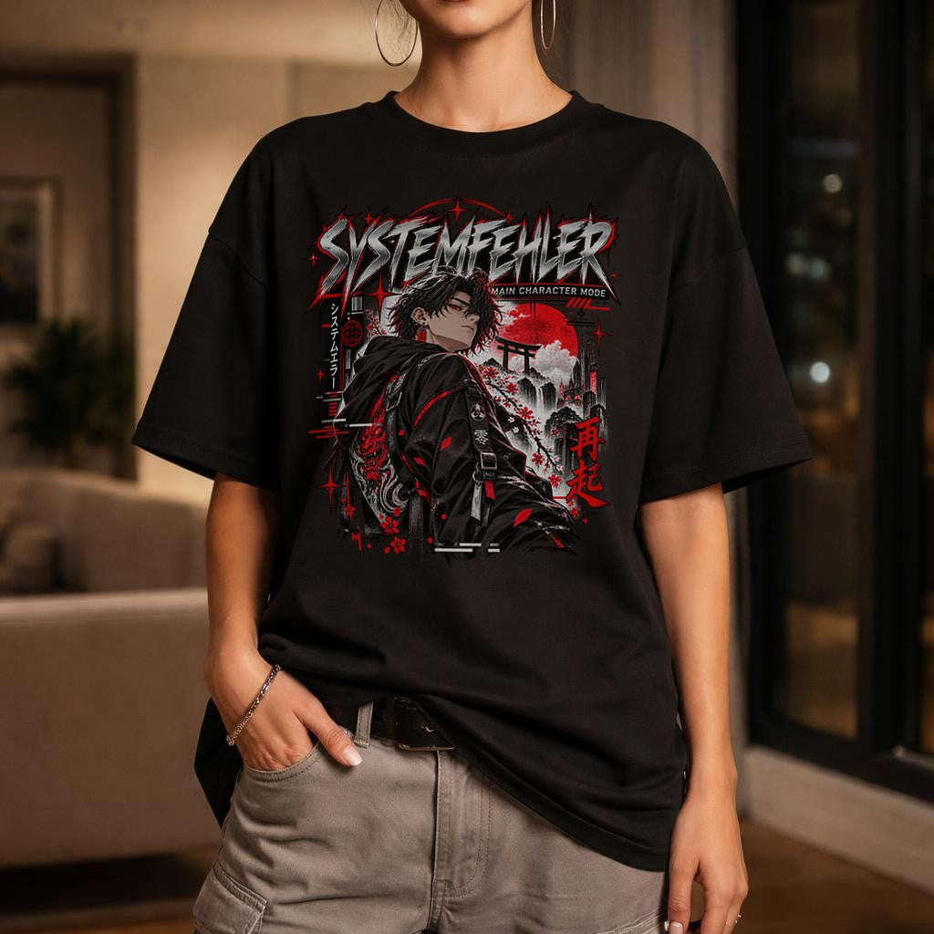 Systemfehler Anime T-Shirt Damen Herren, Main Character Mode Shirt, Japan Streetwear Oversized Schwarz