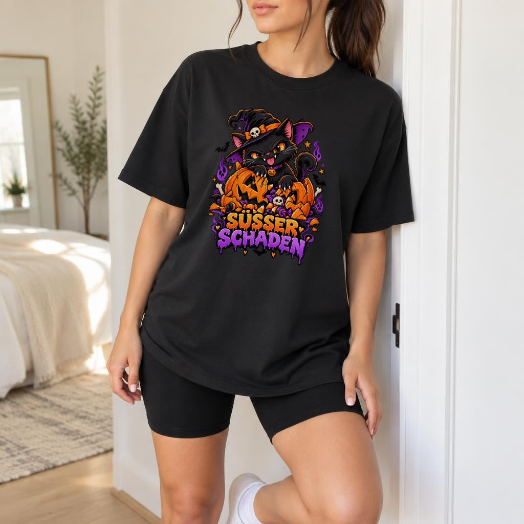 Süsser Schaden Halloween Katze T-Shirt Damen, Schwarze Katze Hexe Kürbis, Lustiges Spooky Shirt Herbst