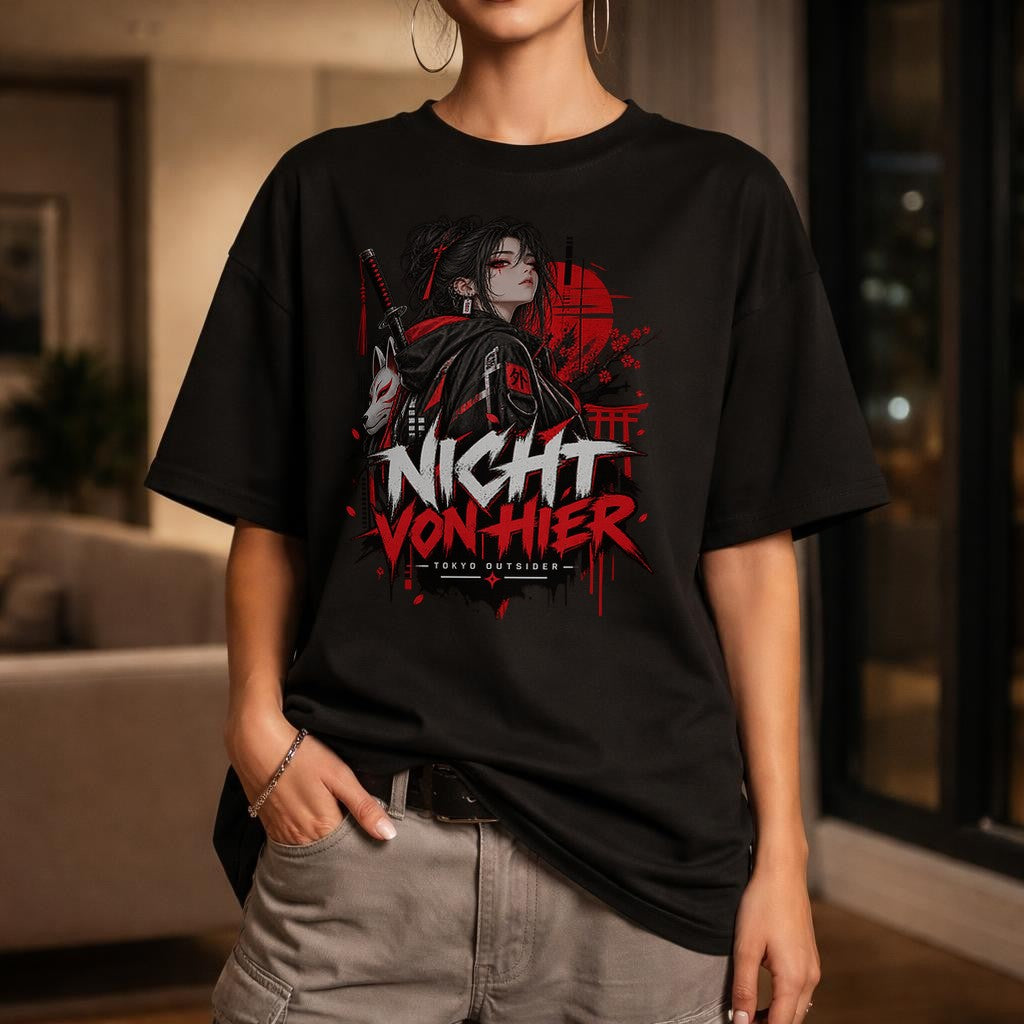 Nicht von Hier T-Shirt Damen Oversized, Anime Samurai Tokyo Outsider Shirt, Gothic Streetwear Geschenk