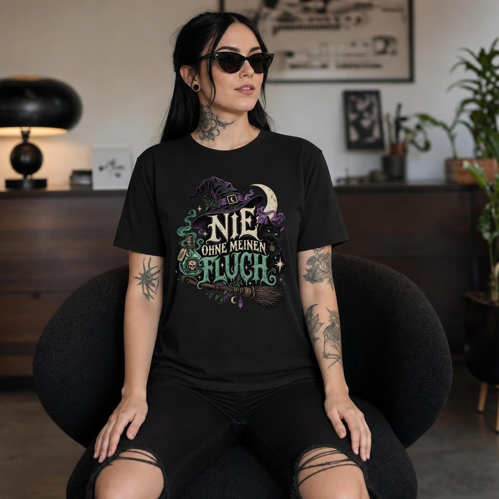 Nie Ohne Meinen Fluch T-Shirt Gothic Witch Cat Halloween Shirt für Damen