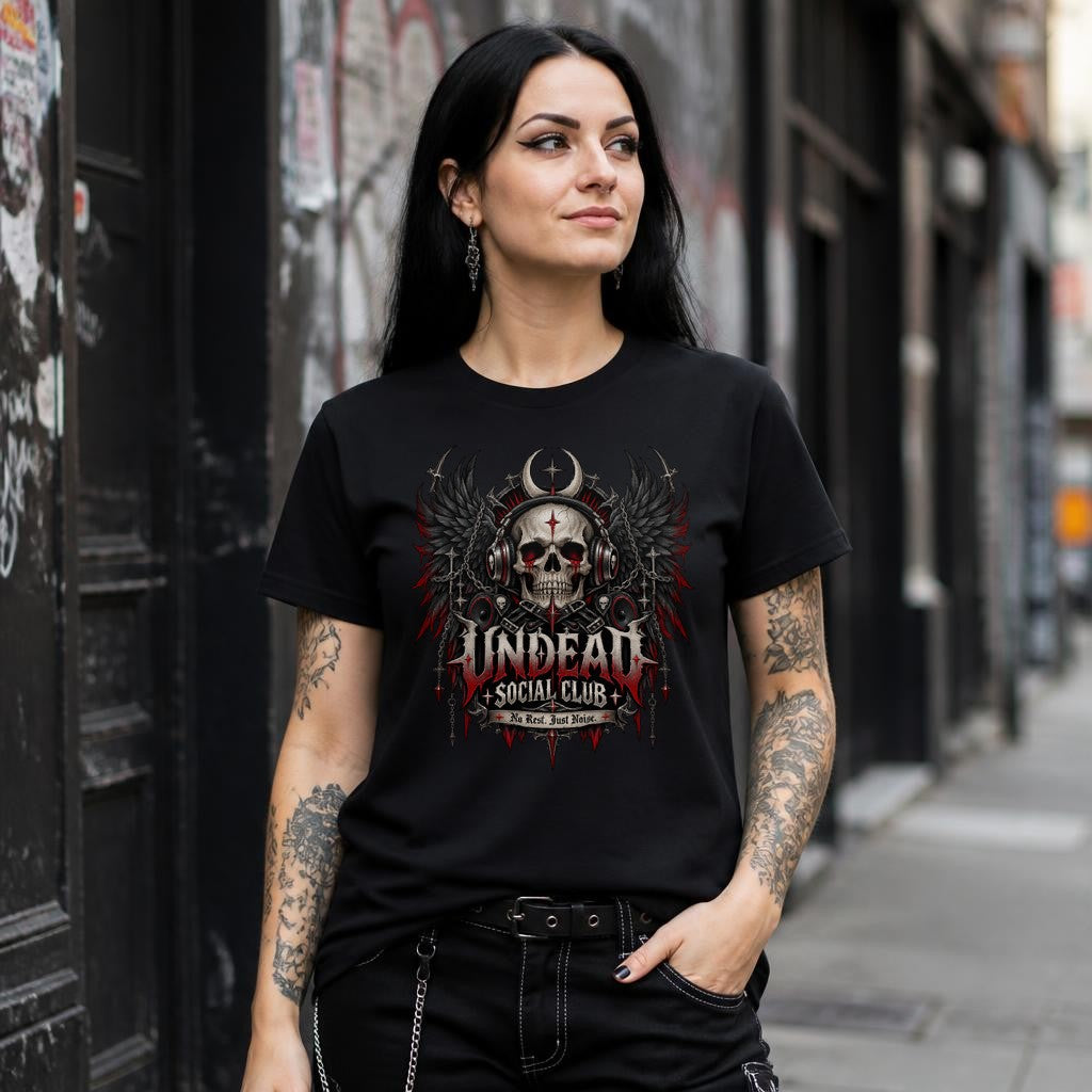 Camiseta de calavera gótica Undead Social Club, camiseta de Death Metal para mujer, No Rest Just Noise
