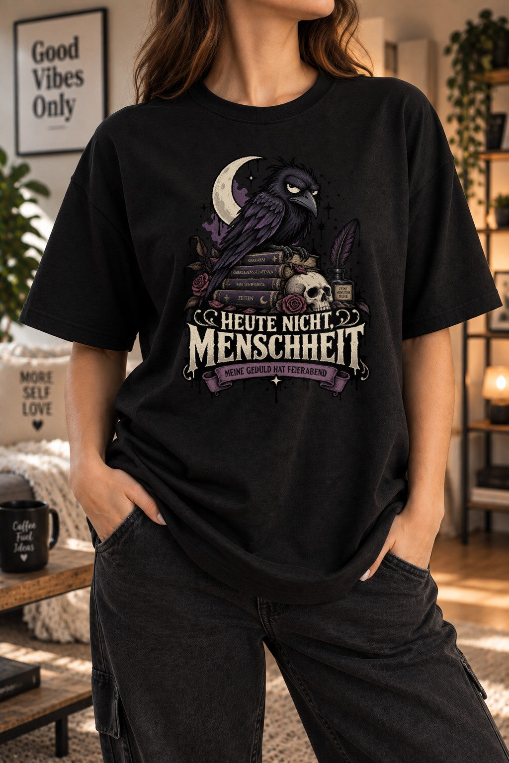 Camiseta de mujer "Hoy no" humanidad, estilo oversize, gótica, con diseño de cuervo, humor negro, regalo de Dark Academia