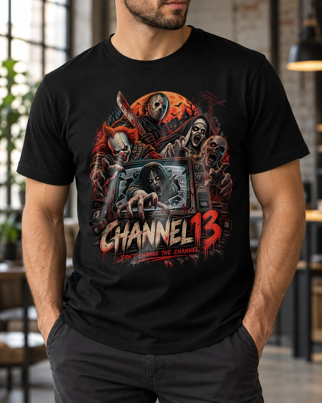 Channel 13 Horror T-Shirt Herren Damen, Halloween Slasher Shirt, Grusel Filmfan Geschenk, Creepy TV Graphic Tee