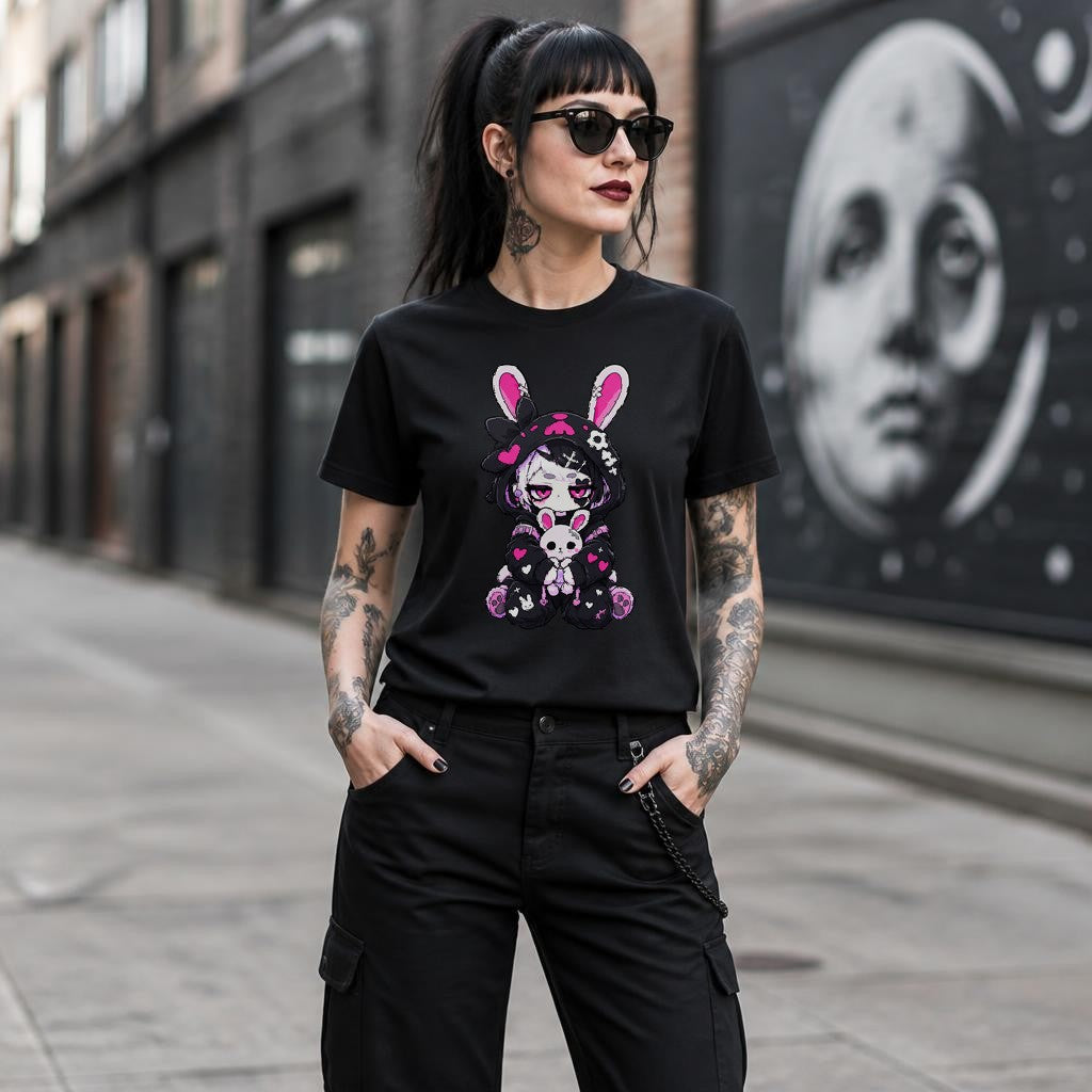 Cute Gothic Bunny T-Shirt Damen | Kawaii Gothic Anime Shirt mit süßem Hasen Motiv