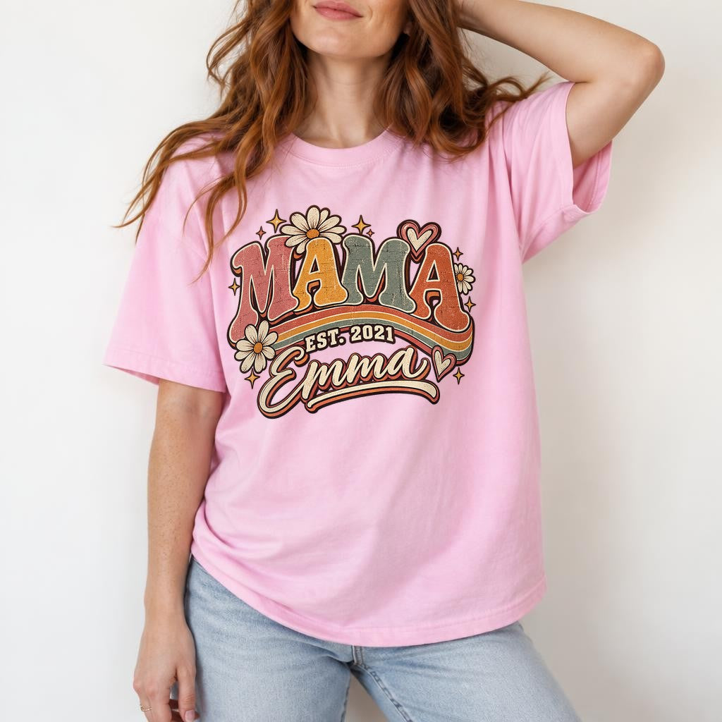 Personalisiert Mama T-Shirt mit Namen & Wunschjahr, Retro Blumen Vintage Geschenk für Muttertag, Mama Shirt Damen