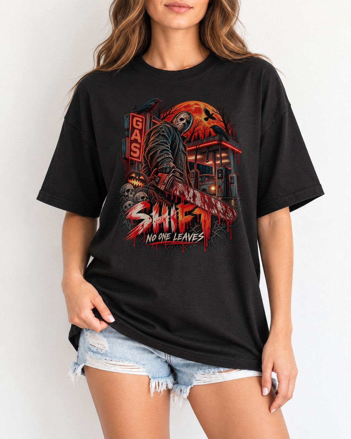Horror Slasher T-Shirt Shift No One Leaves Gas Station Halloween Shirt Jason Mask Retro Horror Tee