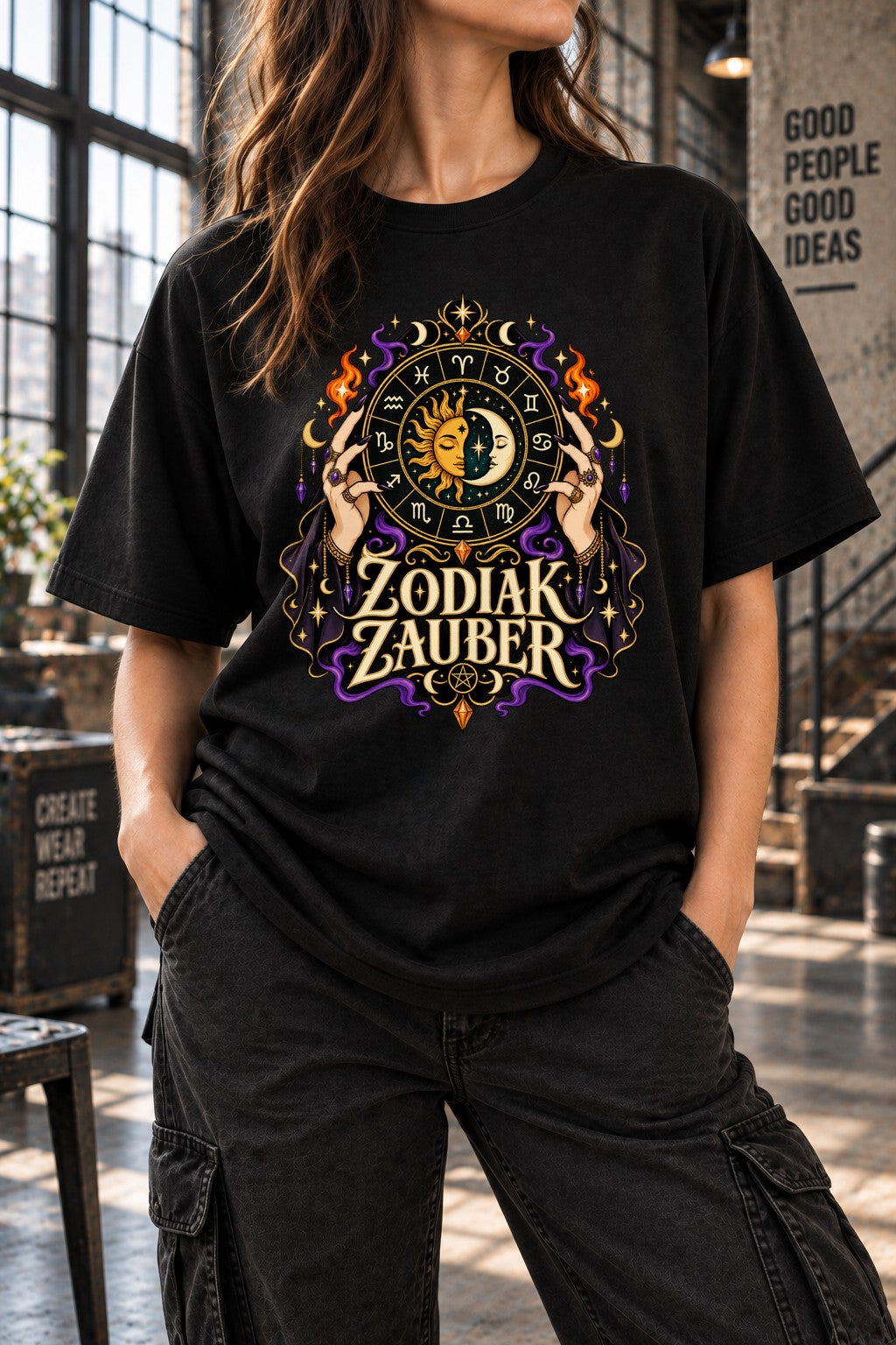 Camiseta con estampado del zodiaco para mujer, unisex, astrología, signo del zodiaco, mística, gótica, estilo retro, sol y luna, oversize, negra