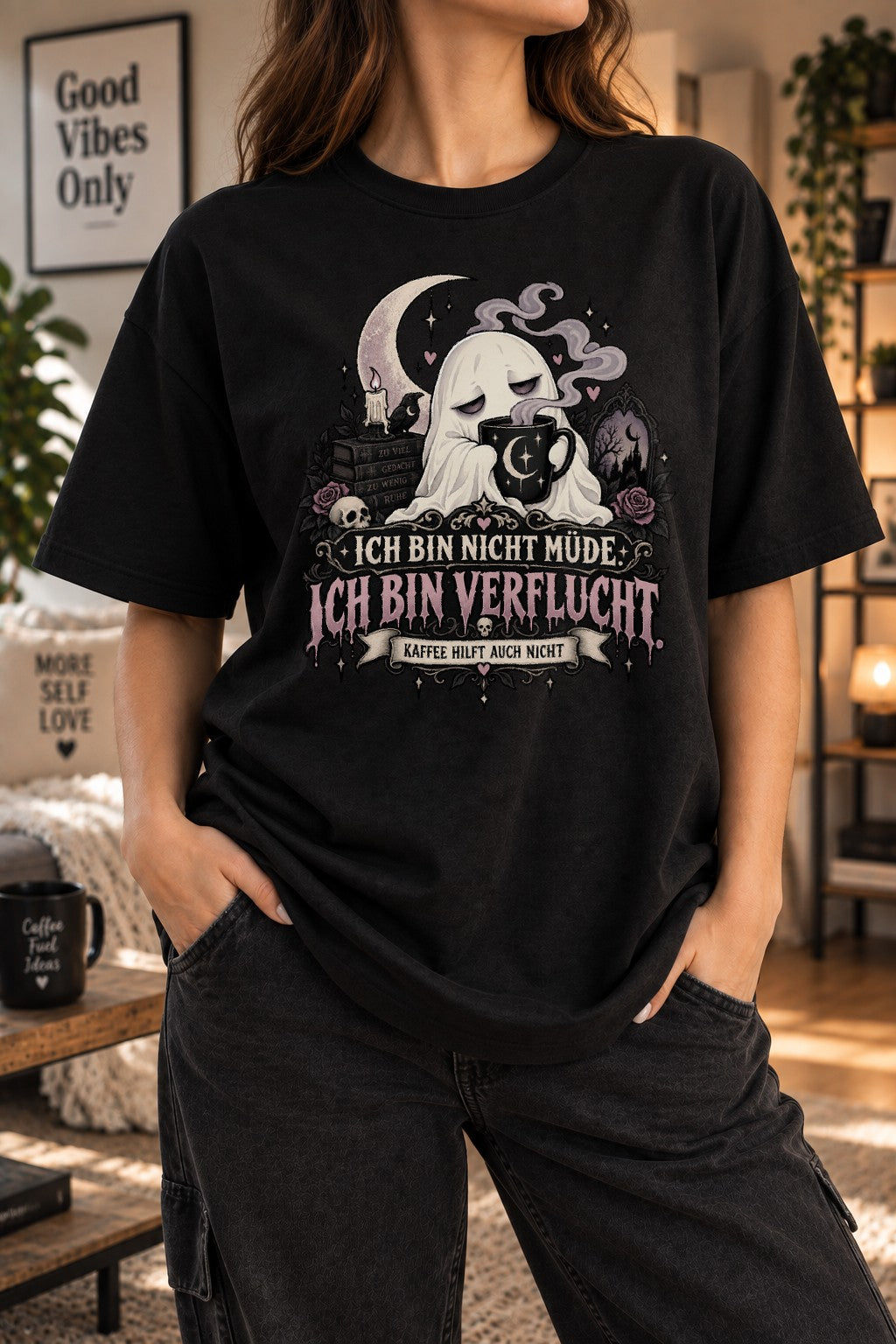 Camiseta de mujer "No estoy cansada, estoy maldita", diseño gótico con frase de café, estilo grunge, fantasma, Halloween