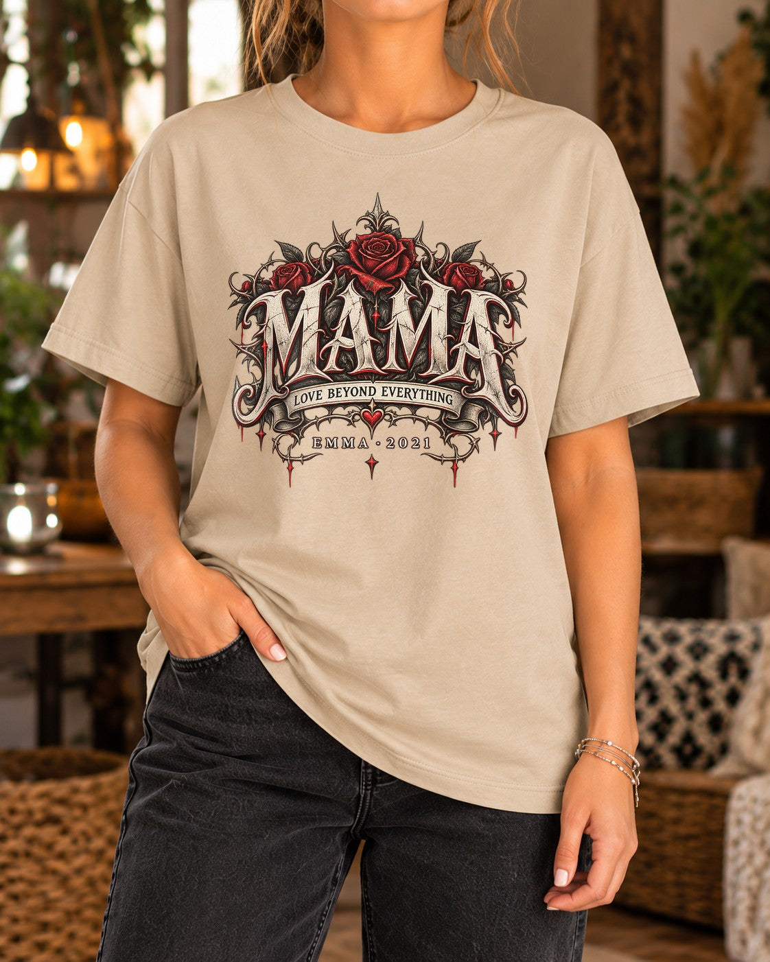 Camiseta personalizada para mamá con nombre y año a elegir, camiseta gótica de rosas para mujer, regalo individual para madre