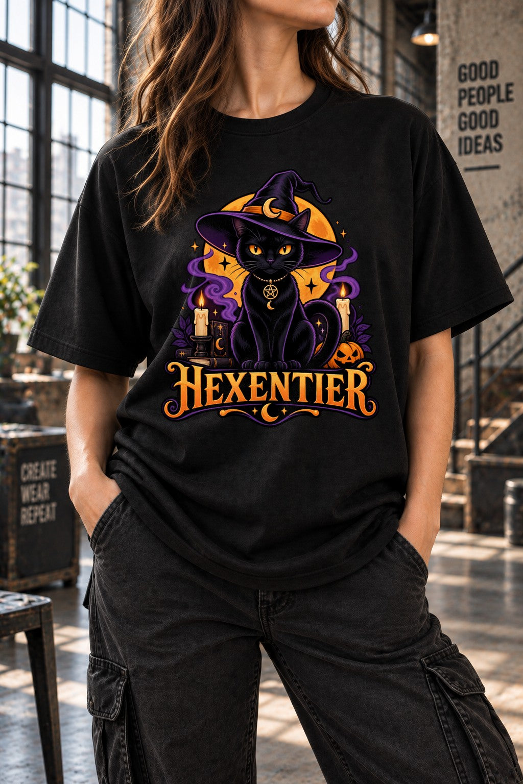 Hexentier Katzen T-Shirt Damen Oversized Halloween Katze Hexe Gothic Retro Shirt Schwarz