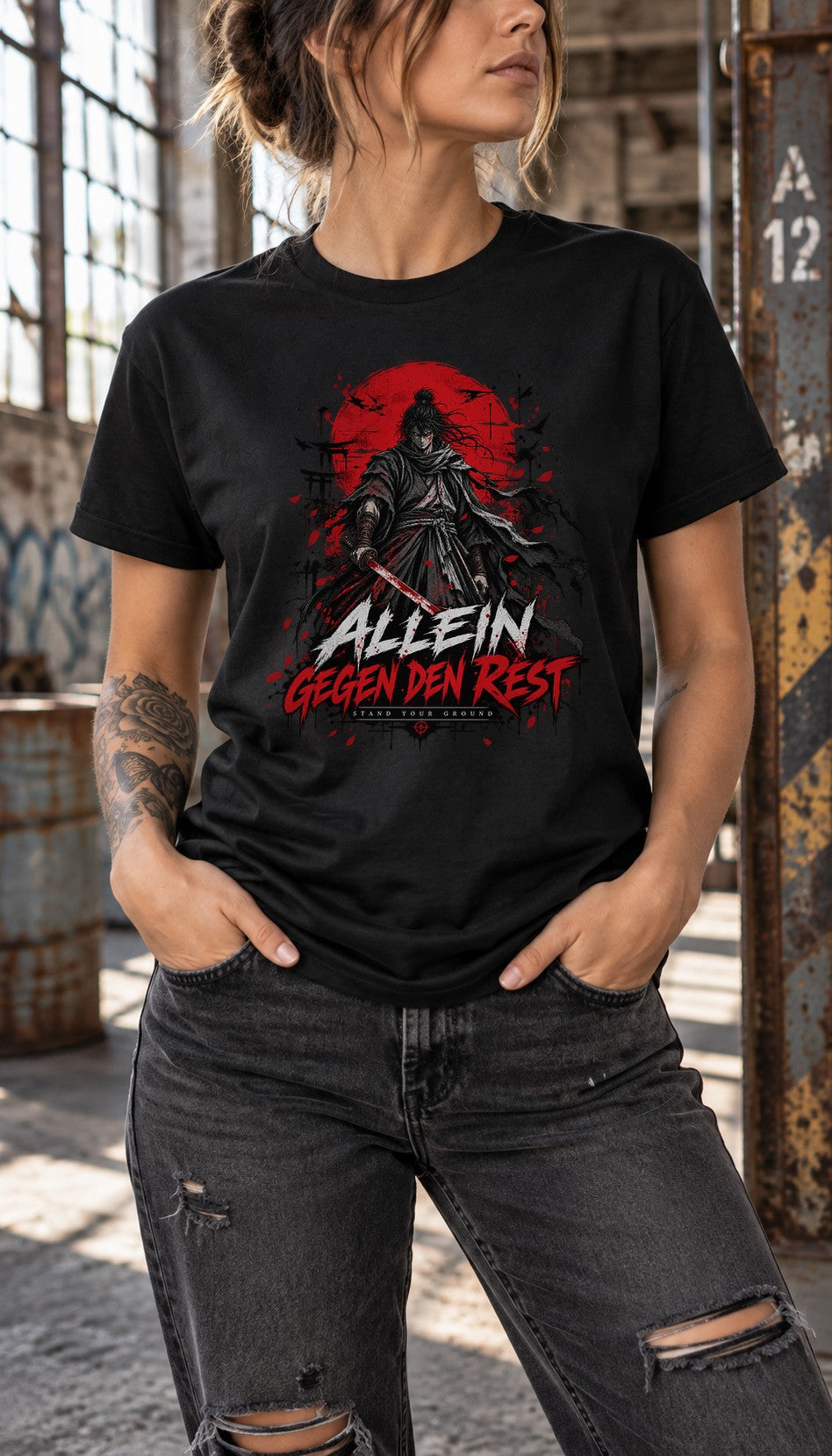 Allein Gegen Den Rest T-Shirt Damen Oversized, Samurai Anime Shirt Vintage Washed, Streetwear Grafiktee Schwarz