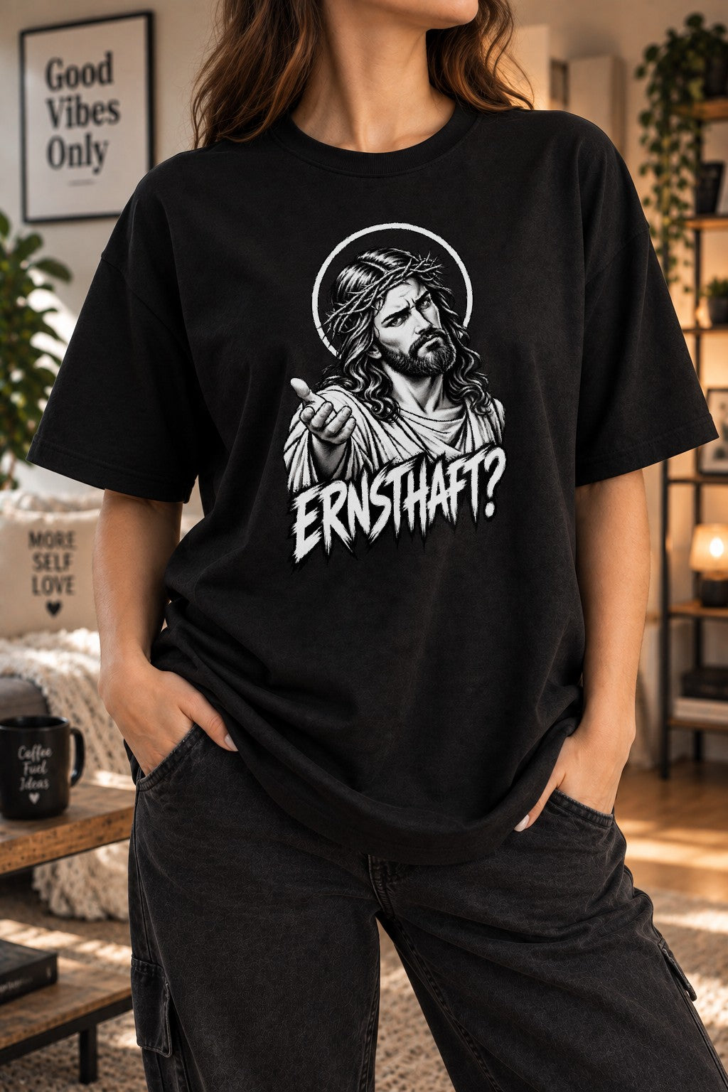 Camiseta "En serio Jesús" para mujer y hombre, divertida, sarcástica, con frase cristiana, camiseta gráfica, negra, unisex