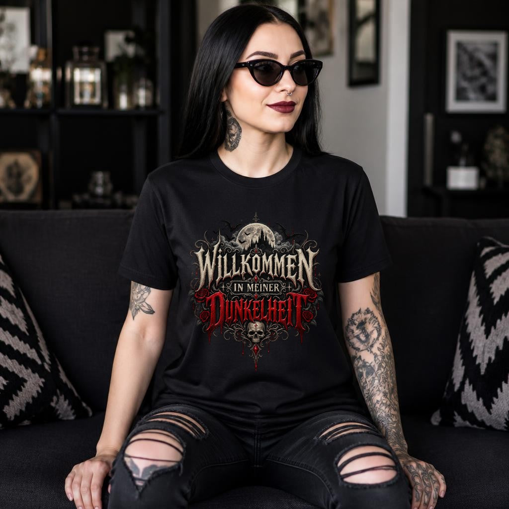 Willkommen in meiner Dunkelheit Gothic T-Shirt Damen, Dark Aesthetic Horror Shirt mit Totenkopf Mond