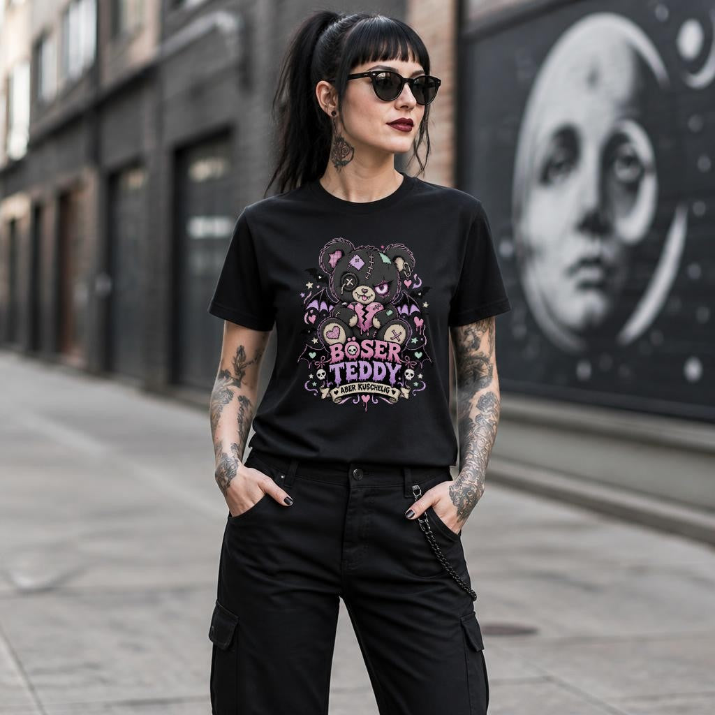 Camiseta de osito malvado para mujer, estilo gótico, pastel cute, grunge, con frase "vieja pero adorable"