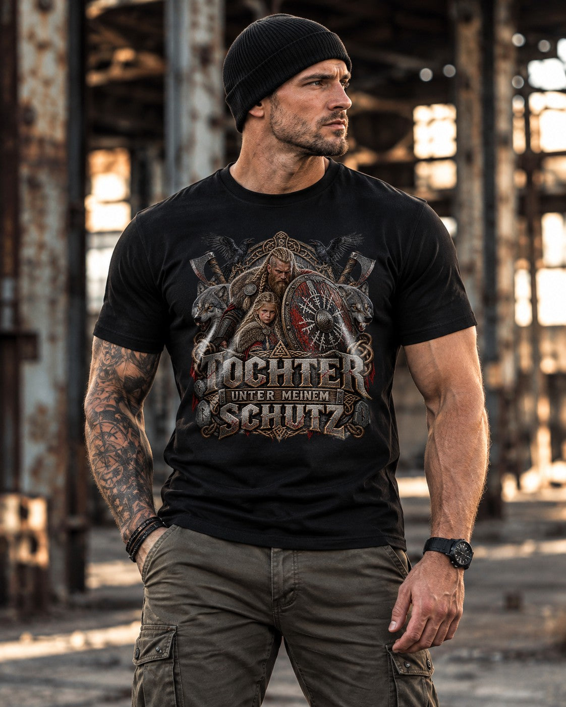Tochter unter meinem Schutz T-Shirt Wikinger Vater Shirt mit Wolf Rabe Schild, Geschenk für Papa mit Tochter