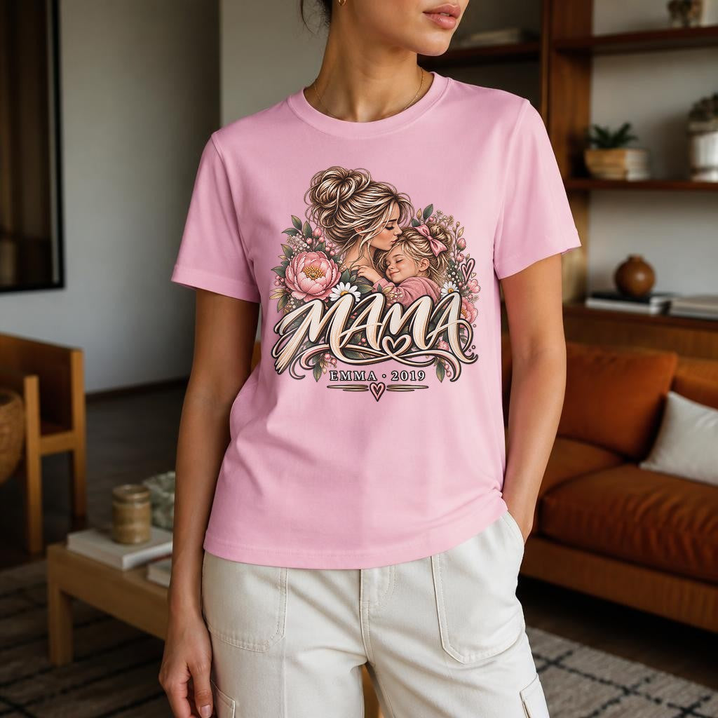 Personalisiert Mama T-Shirt mit Name & Wunschjahr, Blumen Mutter Tochter Shirt, Geschenk fuer Mama, Mama Geschenk individuell